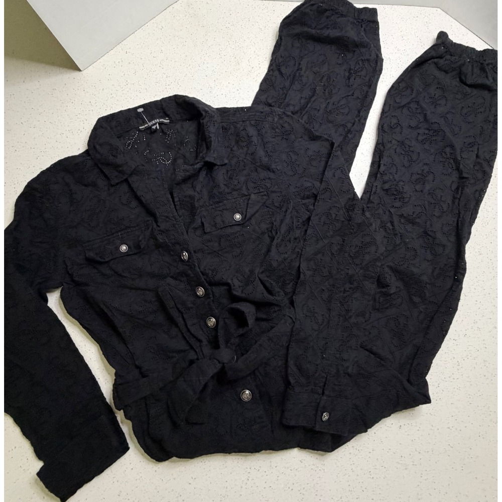 GUESS Women Black Eyelet Logo Embroidered Button Front Belted Jumpsuit Small